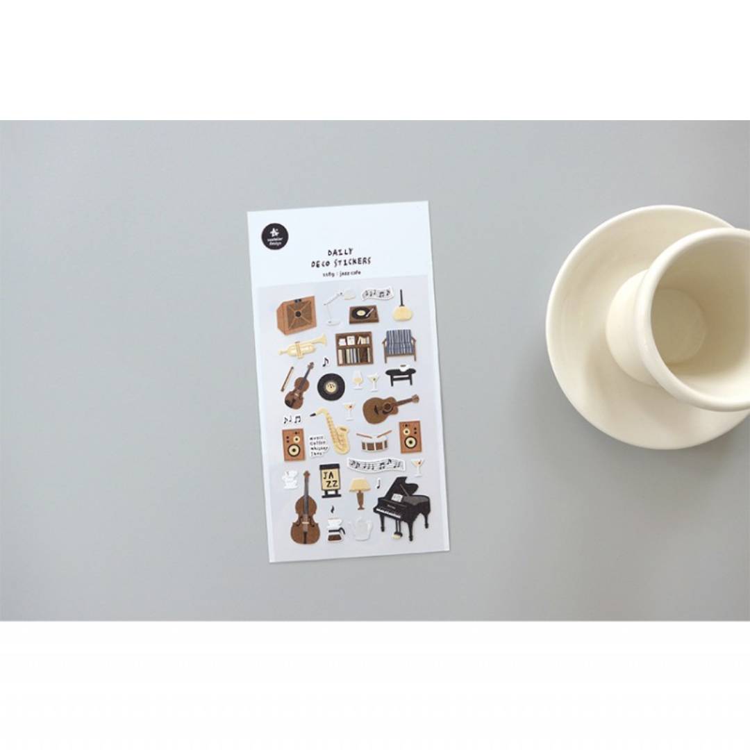 Suatelier Daily Deco Sticker sheet – Jazz Cafe theme with illustrated musical instruments and cozy café items.