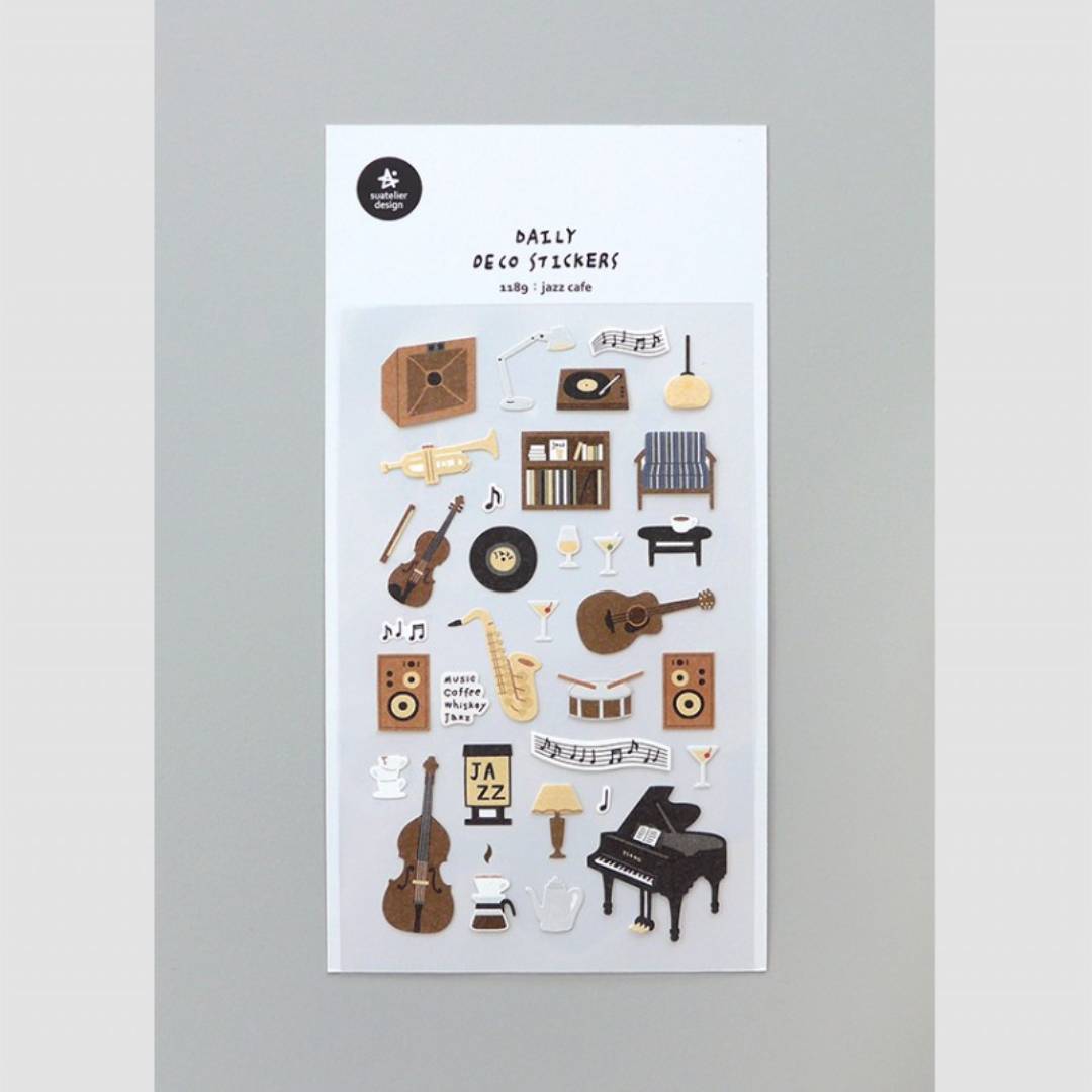 Suatelier Daily Deco Sticker sheet – Jazz Cafe theme with illustrated musical instruments and cozy café items.