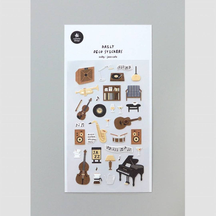 Suatelier Daily Deco Sticker sheet – Jazz Cafe theme with illustrated musical instruments and cozy café items.