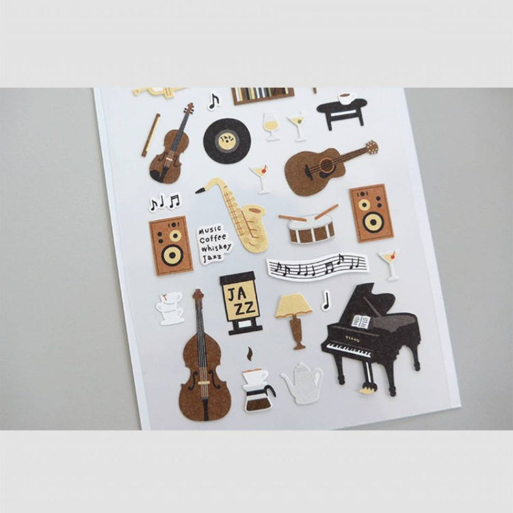 Suatelier Daily Deco Sticker sheet – Jazz Cafe theme with illustrated musical instruments and cozy café items.