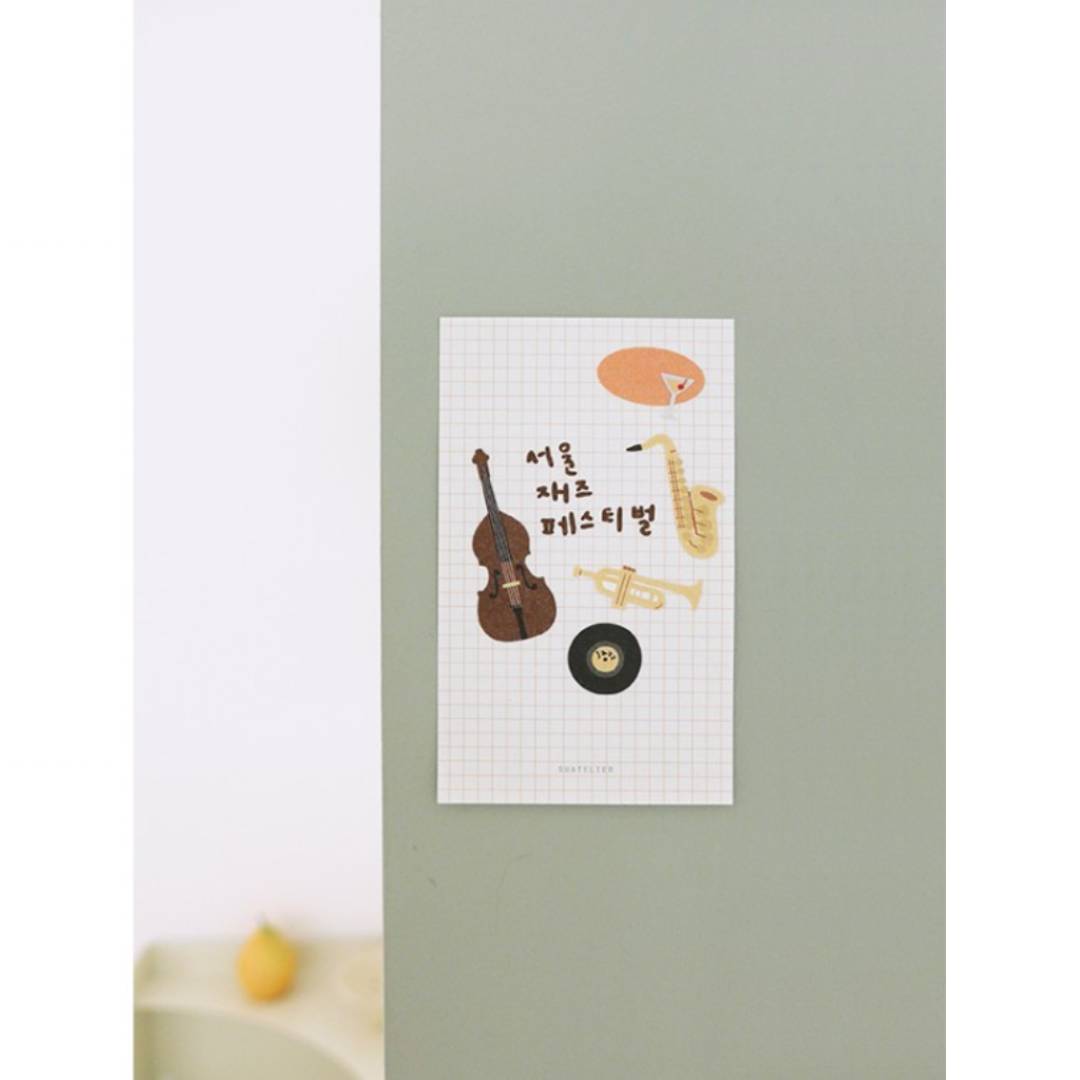 Suatelier Daily Deco Sticker sheet – Jazz Cafe theme with illustrated musical instruments and cozy café items.
