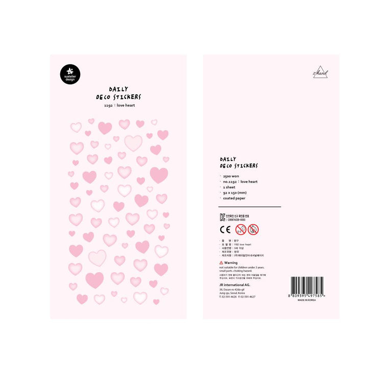 A single sheet of Suatelier Daily Deco Sticker – Love Heart, featuring rows of hand-drawn heart illustrations in different shapes, colors, and sizes on translucent paper.