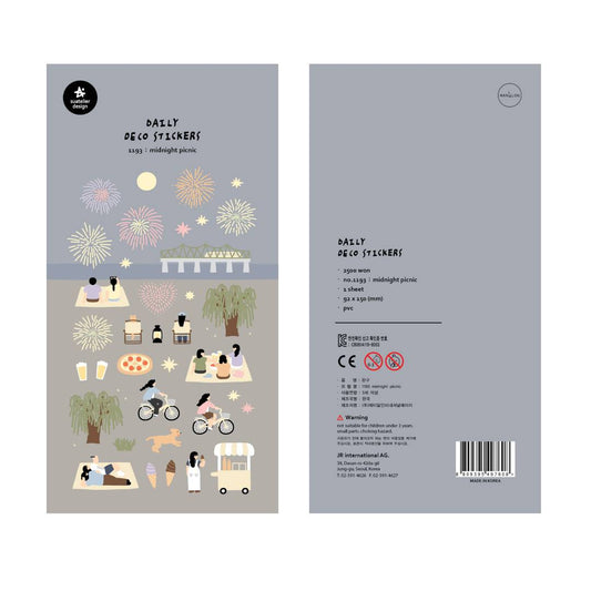A sheet of decorative stickers featuring illustrations of fireworks, picnic blankets, pizza, drinks, people cycling, dogs, ice cream, and night sky scenes—perfect for journaling and capturing the atmosphere of a summer midnight picnic.