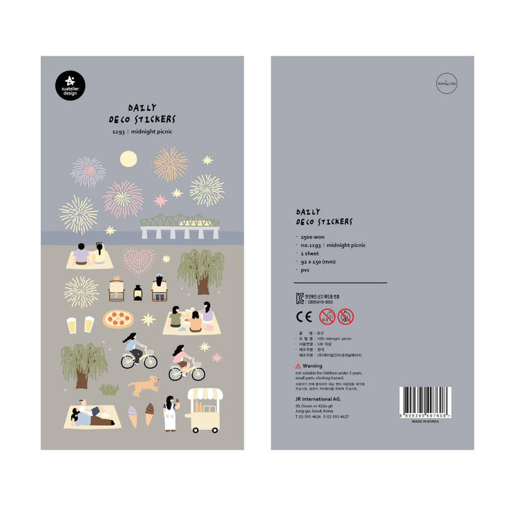 A sheet of decorative stickers featuring illustrations of fireworks, picnic blankets, pizza, drinks, people cycling, dogs, ice cream, and night sky scenes—perfect for journaling and capturing the atmosphere of a summer midnight picnic.