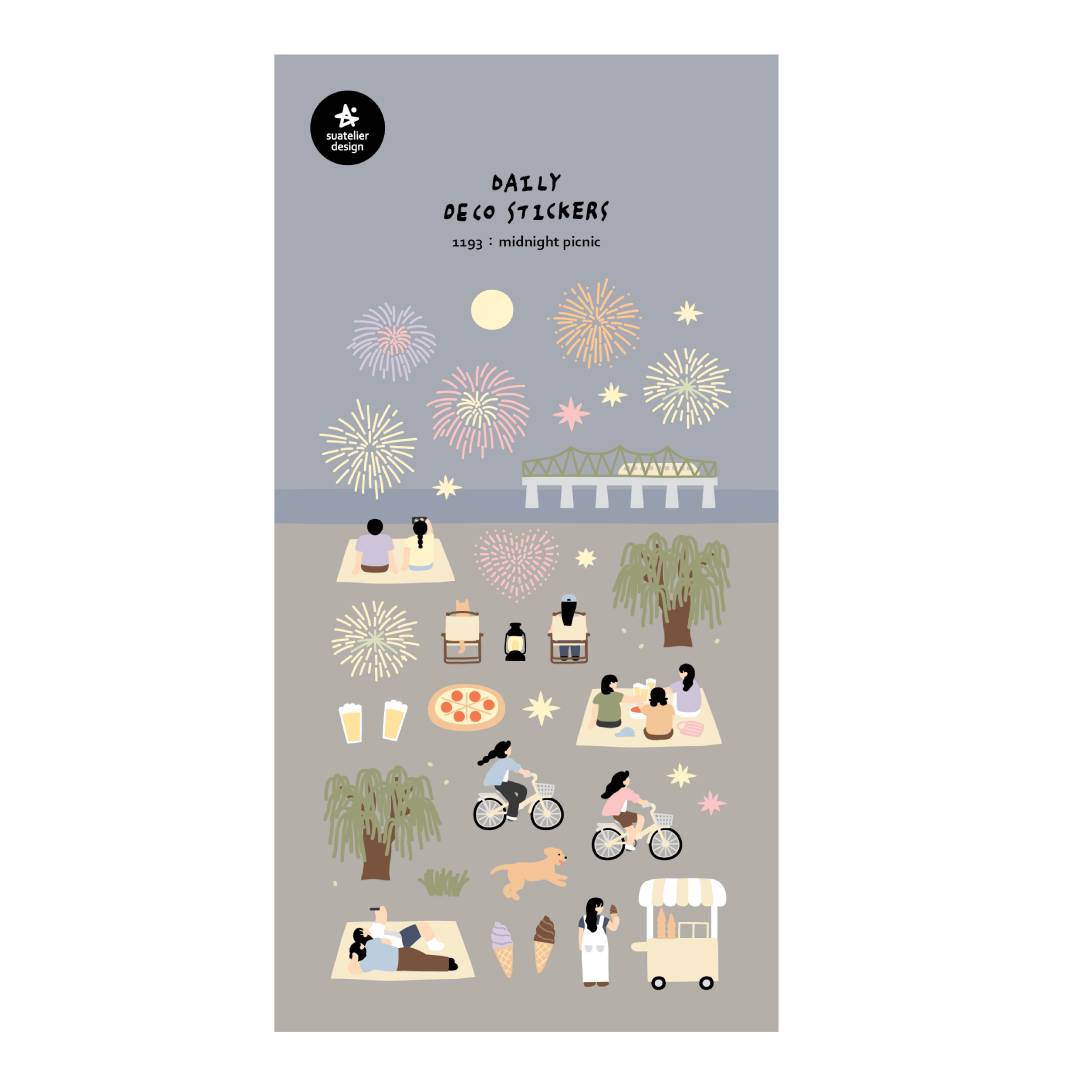 A sheet of decorative stickers featuring illustrations of fireworks, picnic blankets, pizza, drinks, people cycling, dogs, ice cream, and night sky scenes—perfect for journaling and capturing the atmosphere of a summer midnight picnic.
