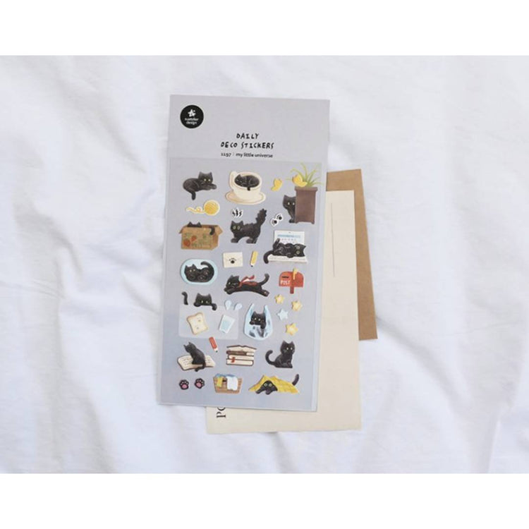 Suatelier Daily Deco Sticker My Little Universe featuring black cats in playful and cozy poses with stationery and home-themed designs.