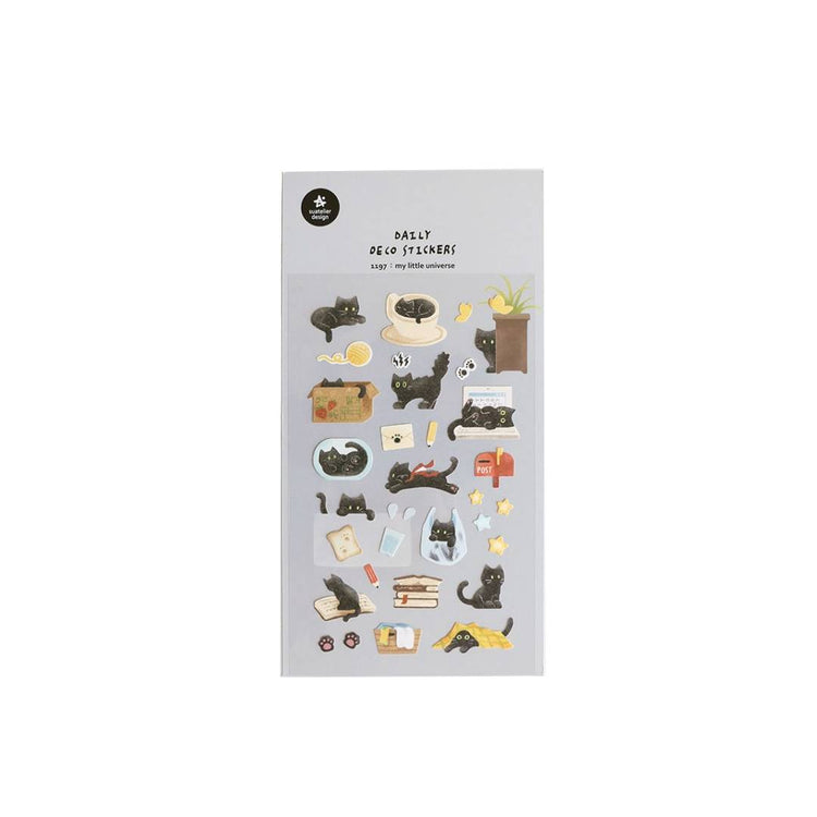 Suatelier Daily Deco Sticker My Little Universe featuring black cats in playful and cozy poses with stationery and home-themed designs.