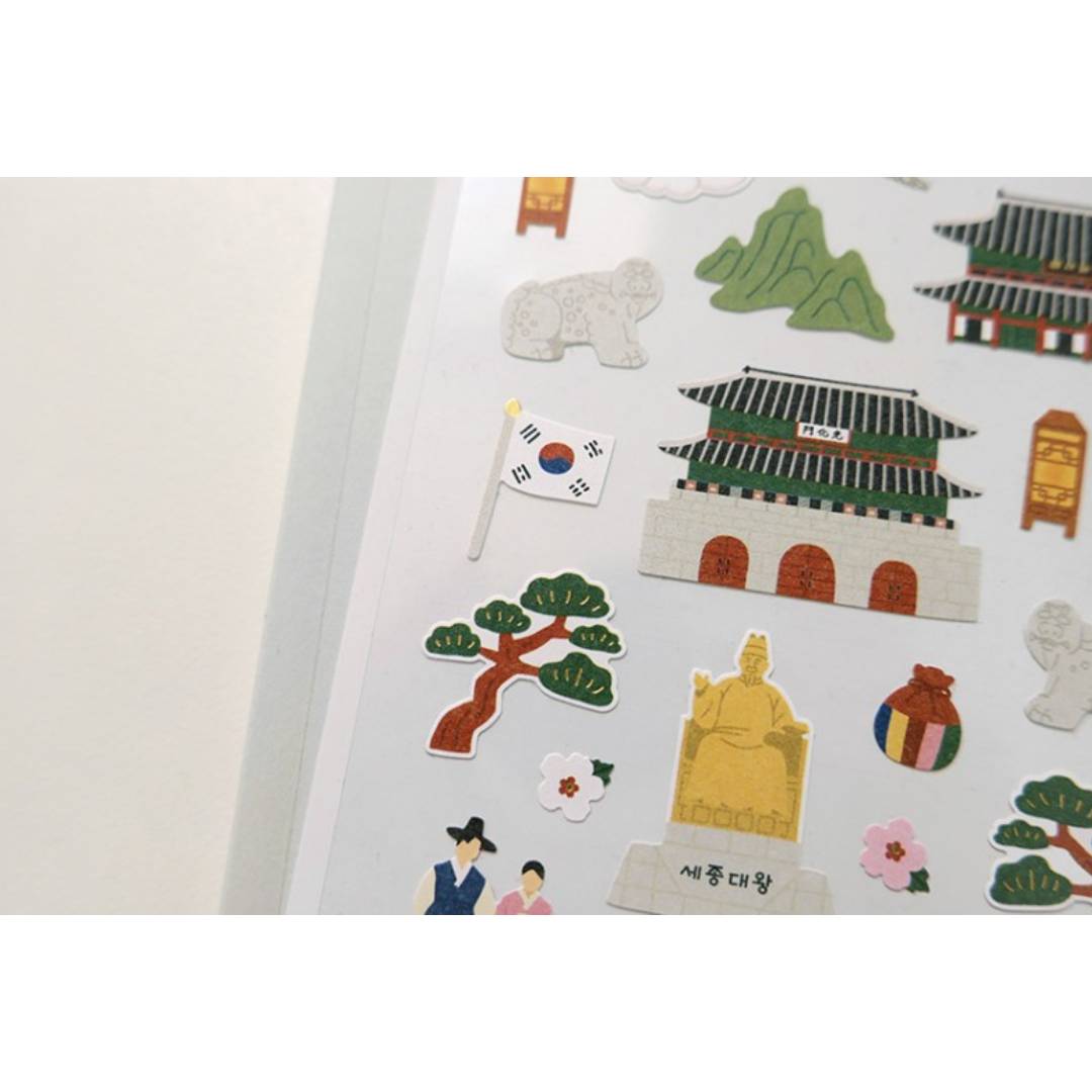 Suatelier Daily Deco Sticker sheet featuring hand-drawn Seoul landmarks, traditional Korean architecture, and cultural icons such as Gyeongbokgung Palace, Korean flag, and hanbok characters.