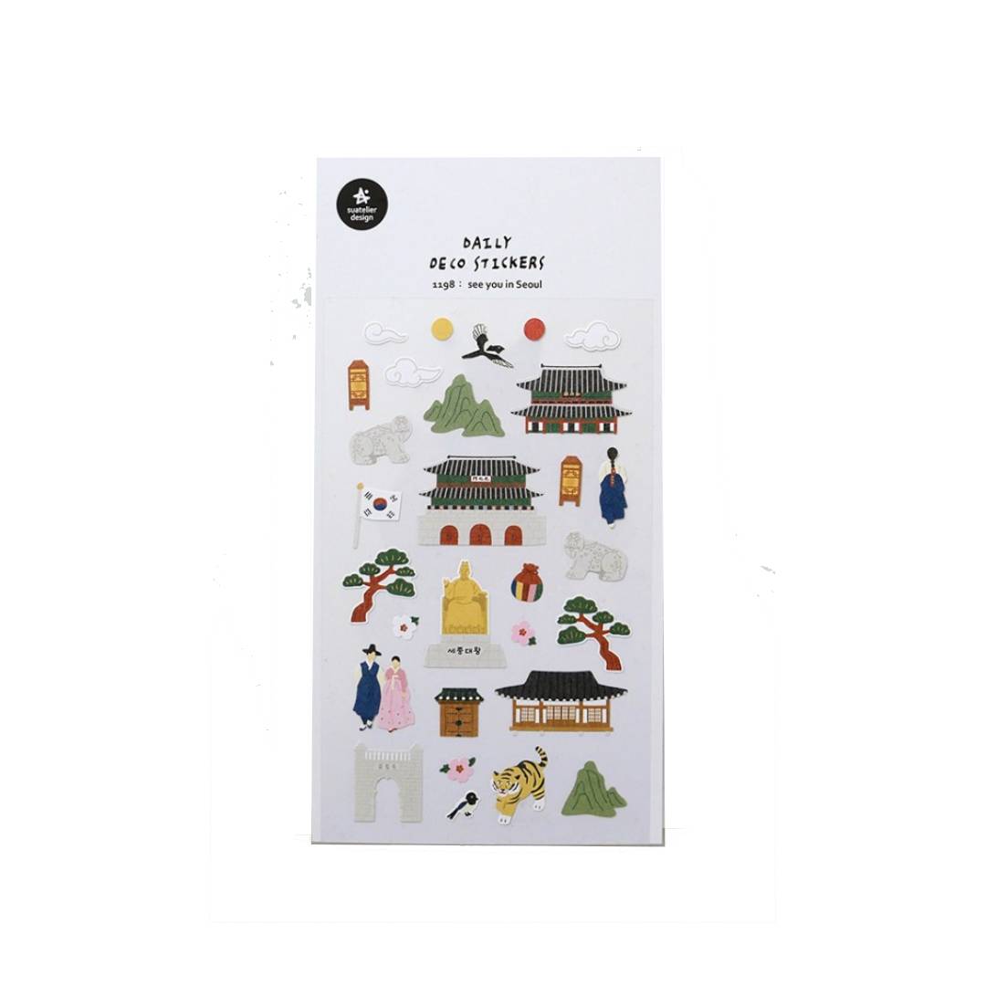 Suatelier Daily Deco Sticker sheet featuring hand-drawn Seoul landmarks, traditional Korean architecture, and cultural icons such as Gyeongbokgung Palace, Korean flag, and hanbok characters.