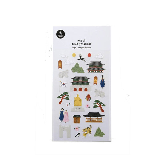 Suatelier Daily Deco Sticker sheet featuring hand-drawn Seoul landmarks, traditional Korean architecture, and cultural icons such as Gyeongbokgung Palace, Korean flag, and hanbok characters.