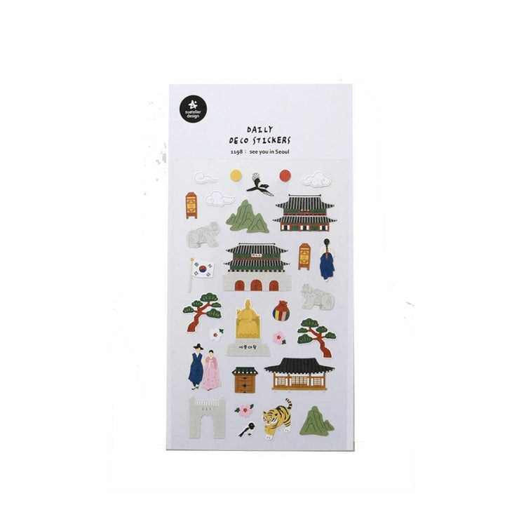 Suatelier Daily Deco Sticker sheet featuring hand-drawn Seoul landmarks, traditional Korean architecture, and cultural icons such as Gyeongbokgung Palace, Korean flag, and hanbok characters.