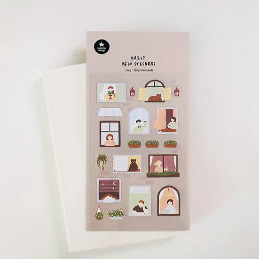 Suatelier Daily Deco Sticker Tiny Moments sheet featuring cozy window illustrations of people and plants in everyday scenes.