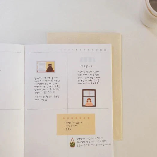 Suatelier Daily Deco Sticker Tiny Moments sheet featuring cozy window illustrations of people and plants in everyday scenes.