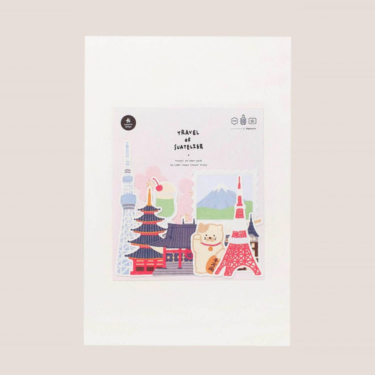 Suatelier Sticker – Tokyo Travel Diary featuring 28 illustrated Tokyo motifs such as landmarks, street food, and city scenes on a 15×17 cm coated paper sheet.