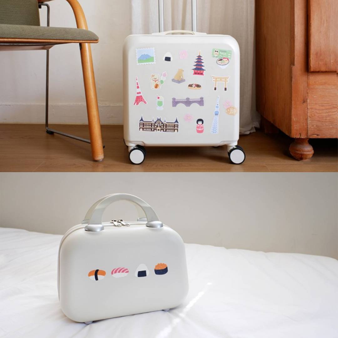 Suatelier Sticker – Tokyo Travel Diary featuring 28 illustrated Tokyo motifs such as landmarks, street food, and city scenes on a 15×17 cm coated paper sheet.