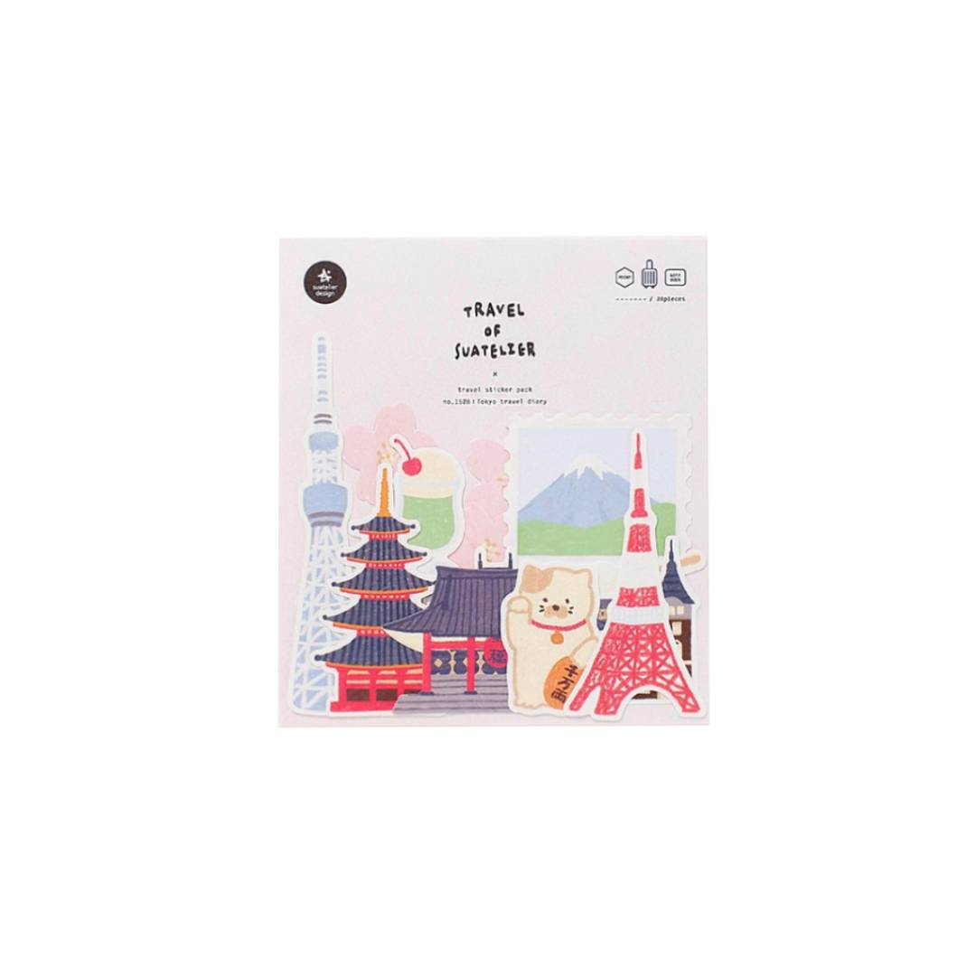 Suatelier Sticker – Tokyo Travel Diary featuring 28 illustrated Tokyo motifs such as landmarks, street food, and city scenes on a 15×17 cm coated paper sheet.